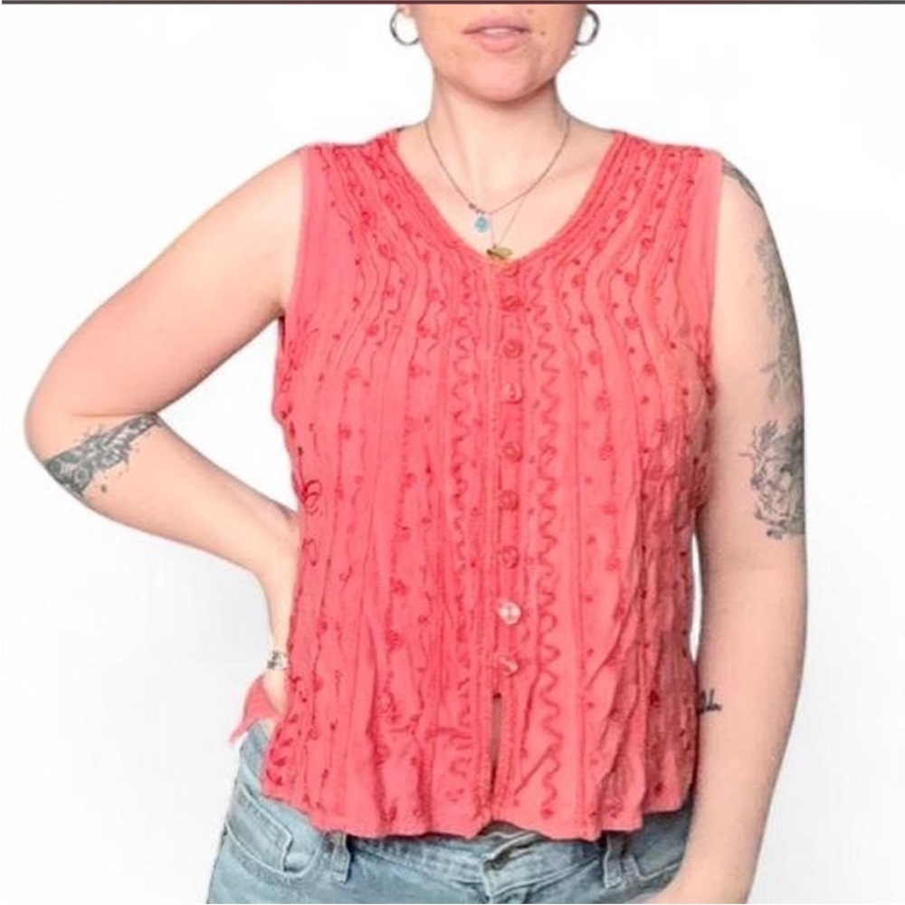 Papa Vancouver Sleeveless Embroidered Coral Button-Front Top - Picture 4 of 9